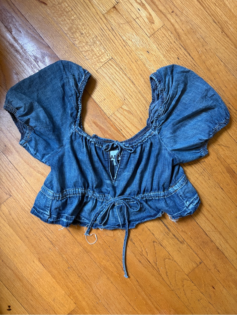Ganni Blue Cotton Denim Crop Top with Puff Sleeves and Bows